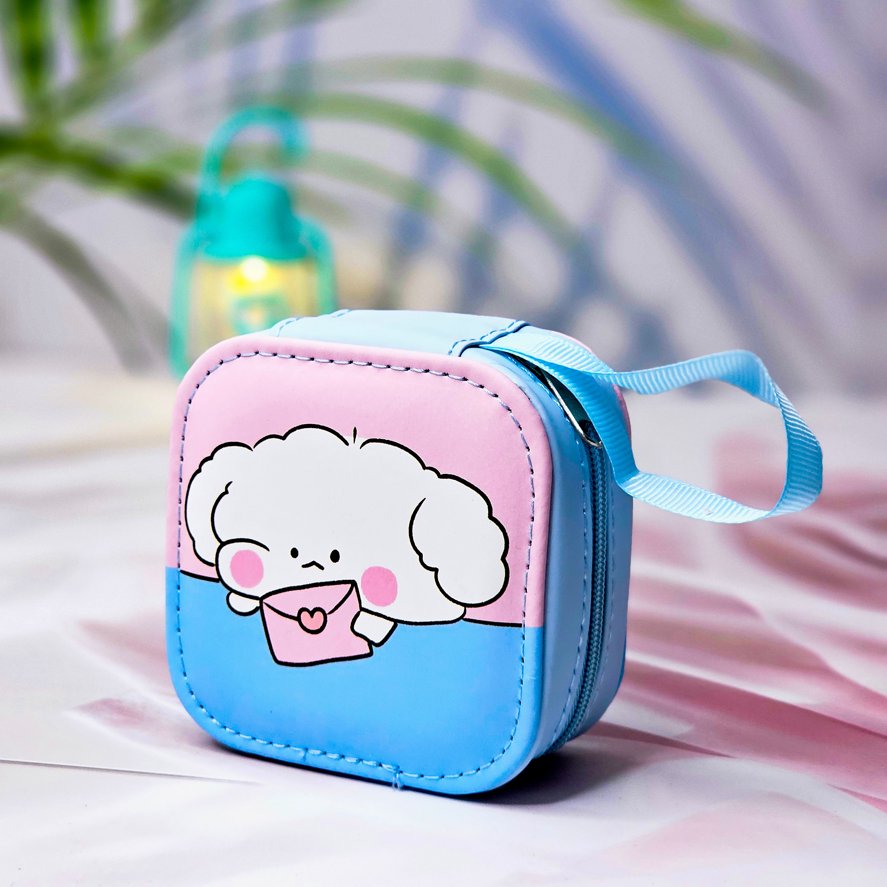 Six colorful cute cartoon square mini zipper pouches with astronaut, bunny, dinosaur, dog, and cloud designs, ideal for coins, earphones, and accessories